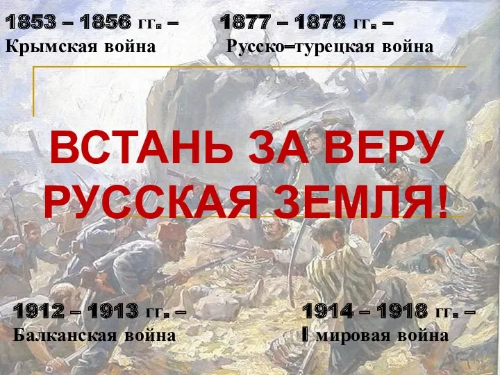 ВСТАНЬ ЗА ВЕРУ РУССКАЯ ЗЕМЛЯ! 1853 – 1856 гг. – Крымская война 1877