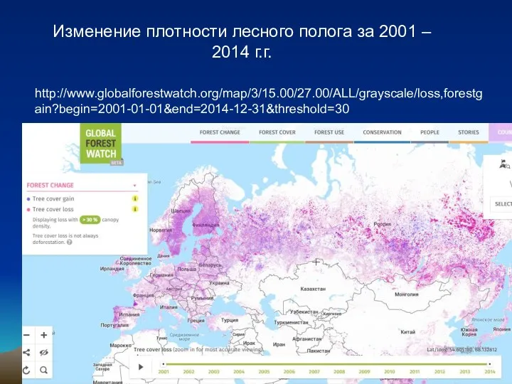 http://www.globalforestwatch.org/map/3/15.00/27.00/ALL/grayscale/loss,forestgain?begin=2001-01-01&end=2014-12-31&threshold=30 Изменение плотности лесного полога за 2001 – 2014 г.г.