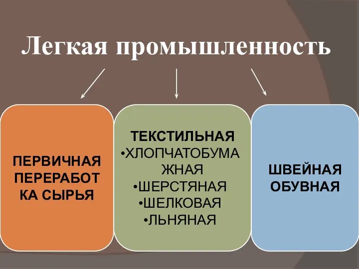 Легкая промышленность ПЕРВИЧНАЯ ПЕРЕРАБОТ КА СЫРЬЯ ТЕКСТИЛЬНАЯ ХЛОПЧАТОБУМАЖНАЯ ШЕРСТЯНАЯ ШЕЛКОВАЯ ЛЬНЯНАЯ ШВЕЙНАЯ ОБУВНАЯ