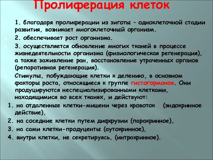 Пролиферация клеток 1. благодаря пролиферации из зиготы – одноклеточной стадии