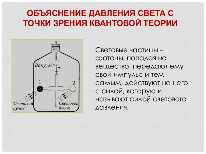 ОБЪЯСНЕНИЕ ДАВЛЕНИЯ СВЕТА С ТОЧКИ ЗРЕНИЯ КВАНТОВОЙ ТЕОРИИ Световые частицы