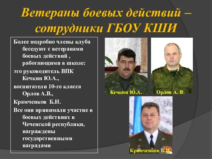 Ветераны боевых действий –сотрудники ГБОУ КШИ Более подробно члены клуба