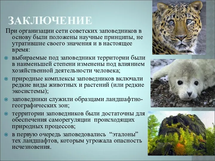 ЗАКЛЮЧЕНИЕ При организации сети советских заповедников в основу были положены