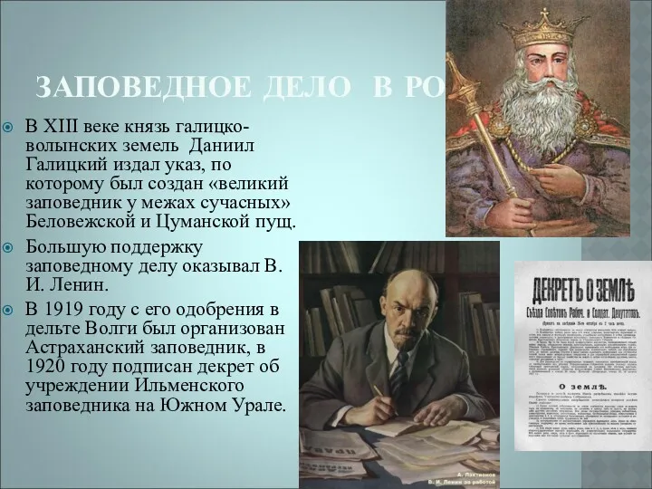 ЗАПОВЕДНОЕ ДЕЛО В РОССИИ В XIII веке князь галицко-волынских земель