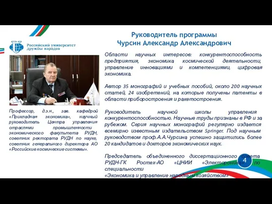 Руководитель программы Чурсин Александр Александрович Профессор, д.э.н., зав. кафедрой «Прикладная