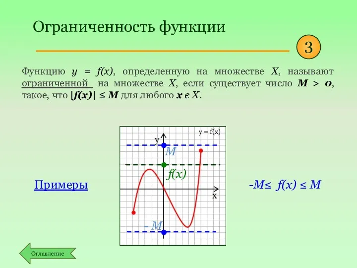 Ограниченность функции Функцию y = f(x), определенную на множестве Х,