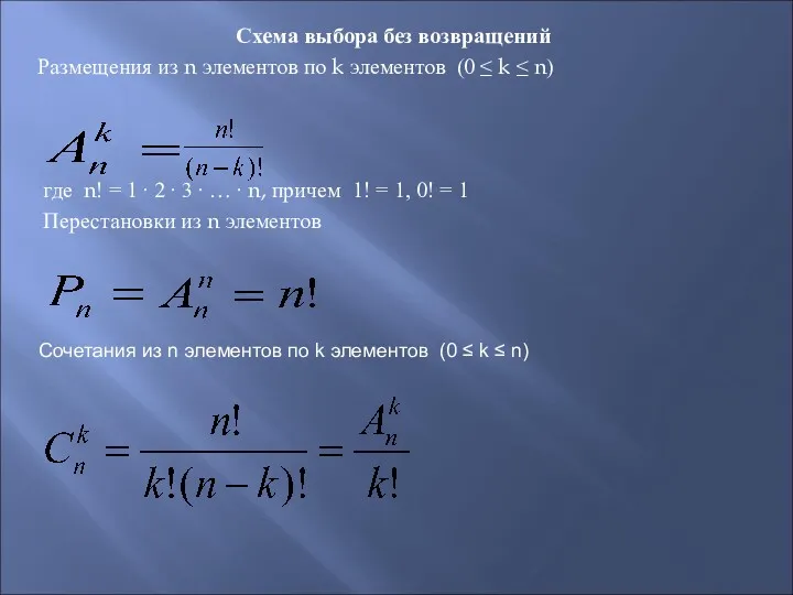 Схема выбора без возвращений Размещения из n элементов по k элементов (0 ≤