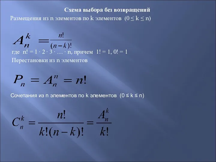 Схема выбора без возвращений Размещения из n элементов по k