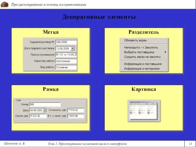 Программирование и основы алгоритмизации Тема 2. Проектирование пользовательского интерфейса 13 Шевченко А. В. Декоративные элементы