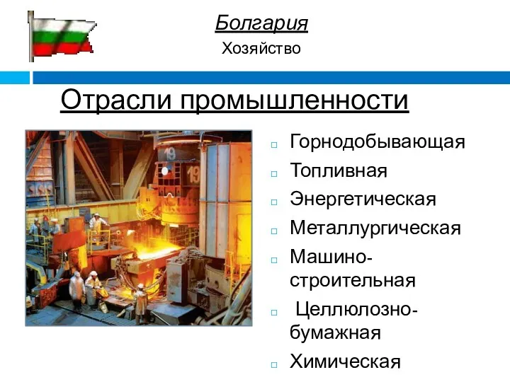 Отрасли промышленности Горнодобывающая Топливная Энергетическая Металлургическая Машино-строительная Целлюлозно-бумажная Химическая Пищевая Болгария Хозяйство