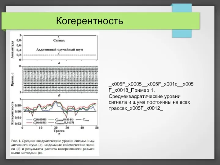 Когерентность _x005F_x0005__x005F_x001c__x005F_x0018_Пример 1. Среднеквадратические уровни сигнала и шума постоянны на всех трассах_x005F_x0012_