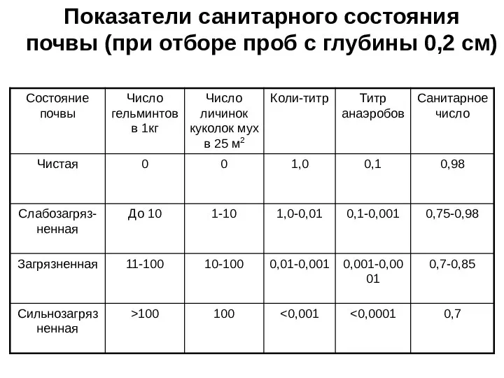 Показатели санитарного состояния почвы (при отборе проб с глубины 0,2 см)