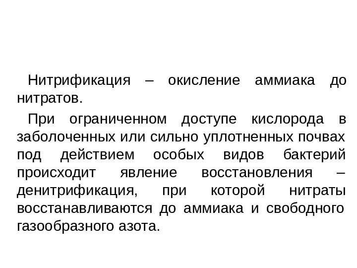 Нитрификация – окисление аммиака до нитратов. При ограниченном доступе кислорода в заболоченных или