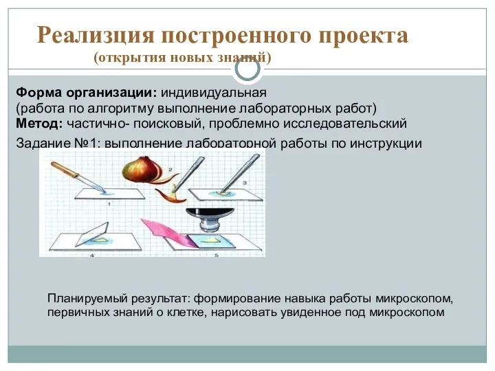 Реализция построенного проекта (открытия новых знаний) Форма организации: индивидуальная (работа