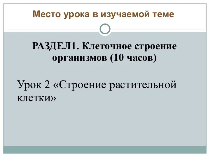 Место урока в изучаемой теме РАЗДЕЛ1. Клеточное строение организмов (10 часов) Урок 2 «Строение растительной клетки»