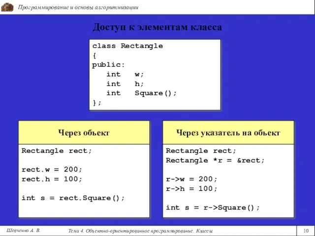 Программирование и основы алгоритмизации Тема 4. Объектно-ориентированное программирование. Классы 10