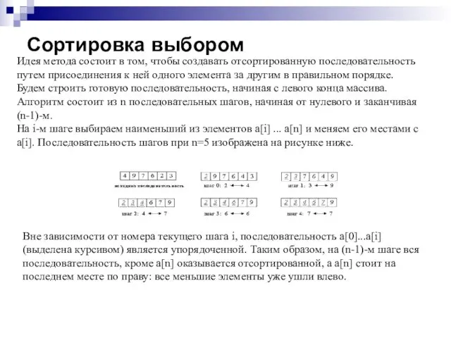 Сортировка выбором Идея метода состоит в том, чтобы создавать отсортированную