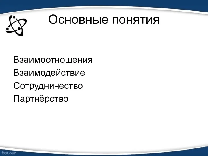 Основные понятия Взаимоотношения Взаимодействие Сотрудничество Партнёрство