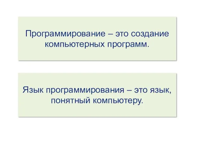 Программирование – это создание компьютерных программ. Язык программирования – это язык, понятный компьютеру.