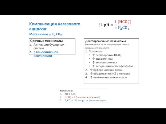 Компенсация негазового ацидоза: Срочные механизмы: Активация буферных систем ↑ альвеолярной вентиляции