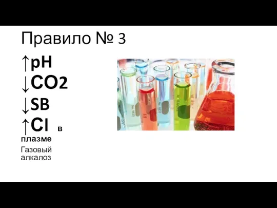 Правило № 3 ↑pH ↓СО2 ↓SB ↑Сl в плазме Газовый алкалоз