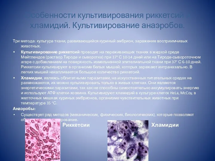 Особенности культивирования риккетсий и хламидий. Культивирование анаэробов. Три метода: культура