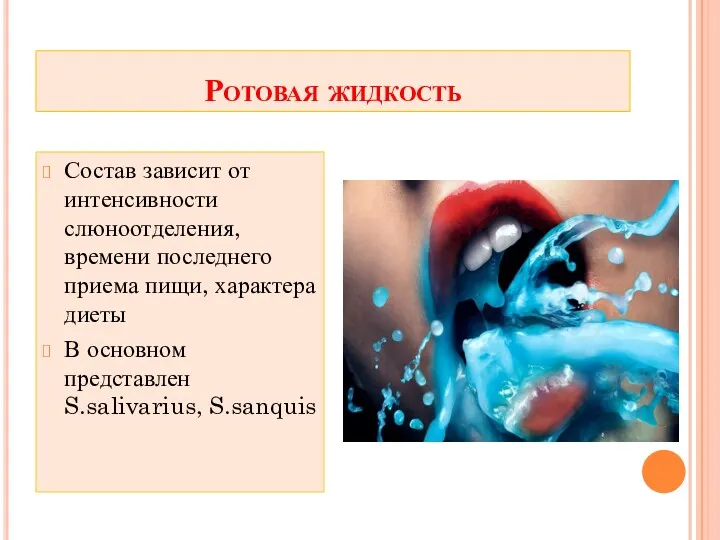 Ротовая жидкость Состав зависит от интенсивности слюноотделения, времени последнего приема