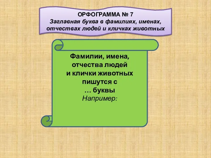 Фамилии, имена, отчества людей и клички животных пишутся с … буквы Например: ОРФОГРАММА