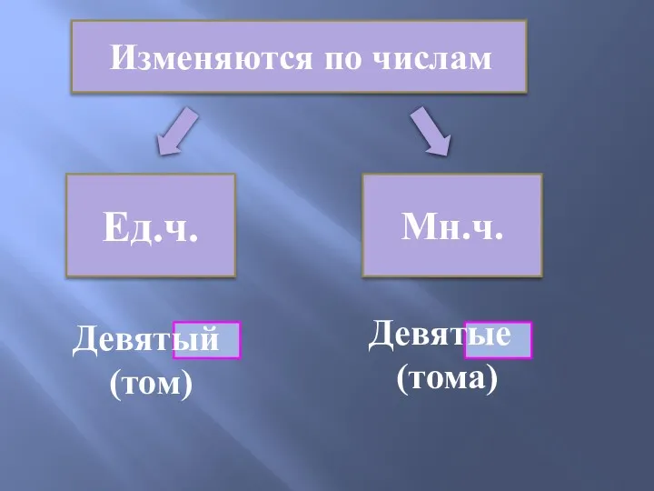 Изменяются по числам Ед.ч. Мн.ч. Девятый (том) Девятые (тома)