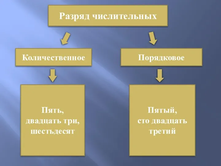 Разряд числительных Количественное Порядковое Пять, двадцать три, шестьдесят Пятый, сто двадцать третий