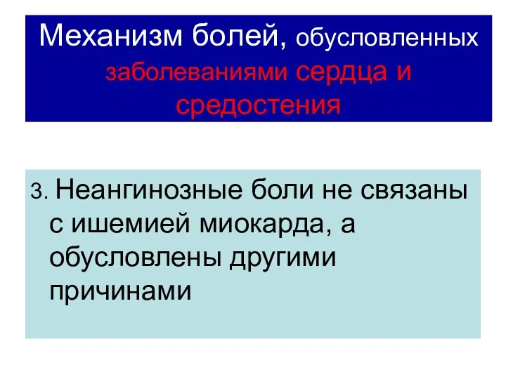 Механизм болей, обусловленных заболеваниями сердца и средостения 3. Неангинозные боли