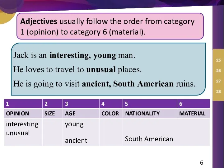 Adjectives usually follow the order from category 1 (opinion) to