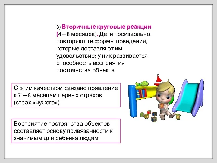 3) Вторичные круговые реакции (4—8 месяцев). Дети произвольно повторяют те