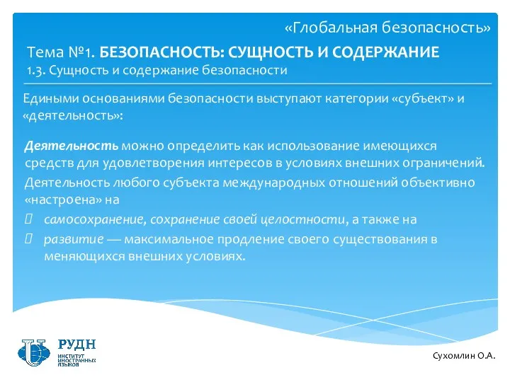 Едиными основаниями безопасности выступают категории «субъект» и «деятельность»: Сухомлин О.А.