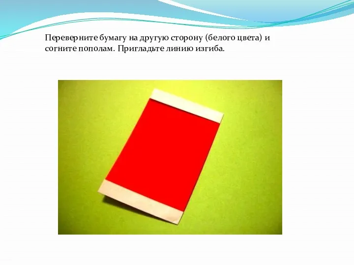 Переверните бумагу на другую сторону (белого цвета) и согните пополам. Пригладьте линию изгиба.