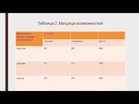 Таблица 2. Матрица возможностей