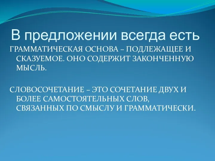 В предложении всегда есть ГРАММАТИЧЕСКАЯ ОСНОВА – ПОДЛЕЖАЩЕЕ И СКАЗУЕМОЕ.