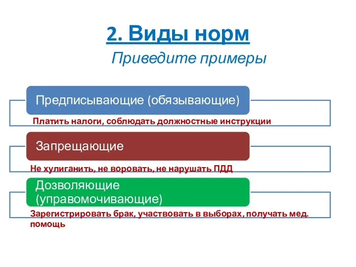 2. Виды норм Платить налоги, соблюдать должностные инструкции Не хулиганить,