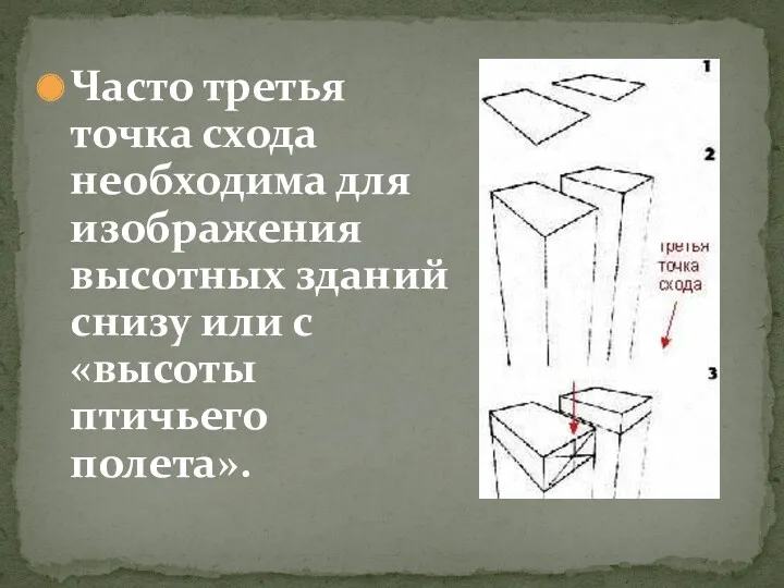 Часто третья точка схода необходима для изображения высотных зданий снизу или с «высоты птичьего полета».