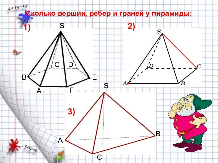 Сколько вершин, ребер и граней у пирамиды: s s A