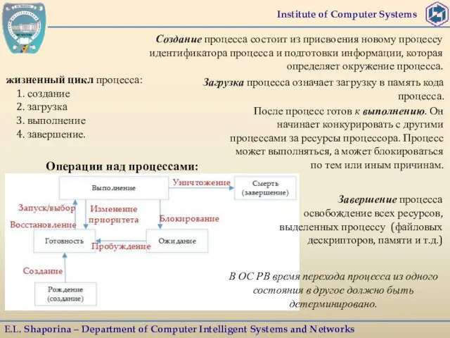 Institute of Computer Systems E.L. Shaporina – Department of Computer