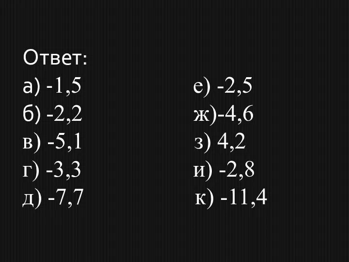 Ответ: а) -1,5 е) -2,5 б) -2,2 ж)-4,6 в) -5,1