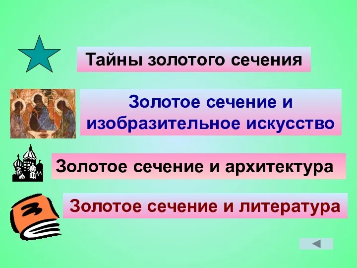 Тайны золотого сечения Золотое сечение и изобразительное искусство Золотое сечение и архитектура Золотое сечение и литература