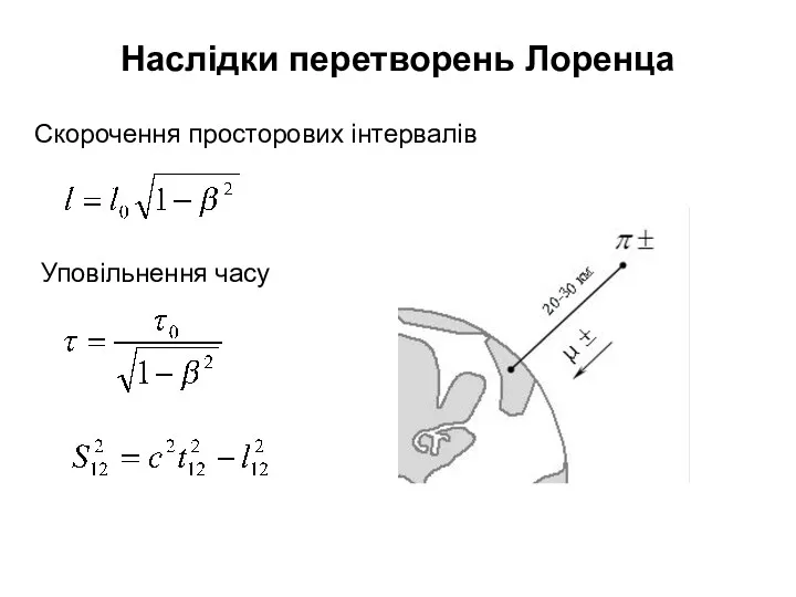 Скорочення просторових інтервалів Наслідки перетворень Лоренца Уповільнення часу