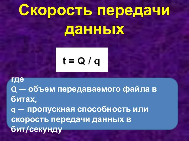 Скорость передачи данных где Q — объем передаваемого файла в