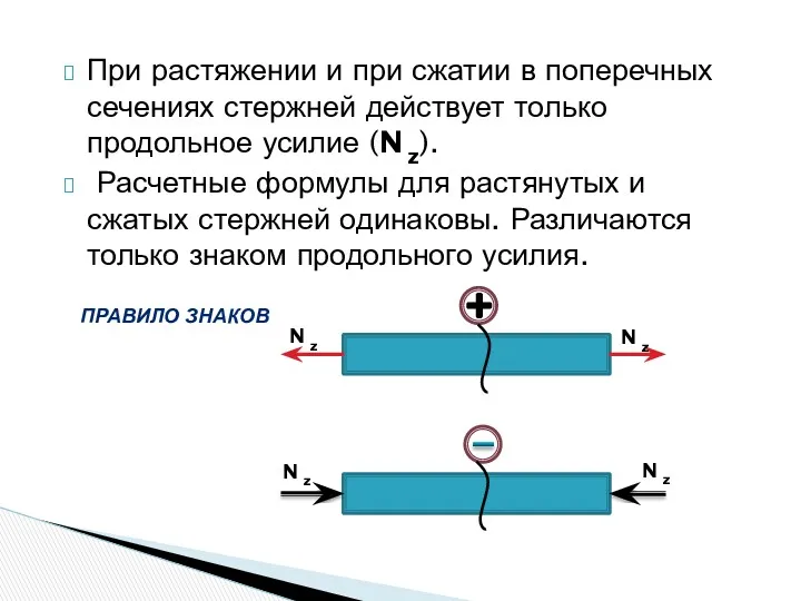 При растяжении и при сжатии в поперечных сечениях стержней действует