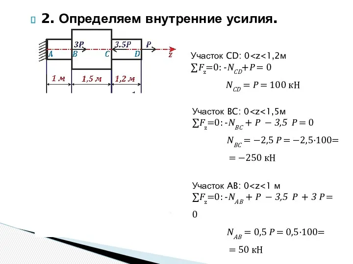 2. Определяем внутренние усилия. Участок CD: 0 ∑Fz=0: -NCD+P =