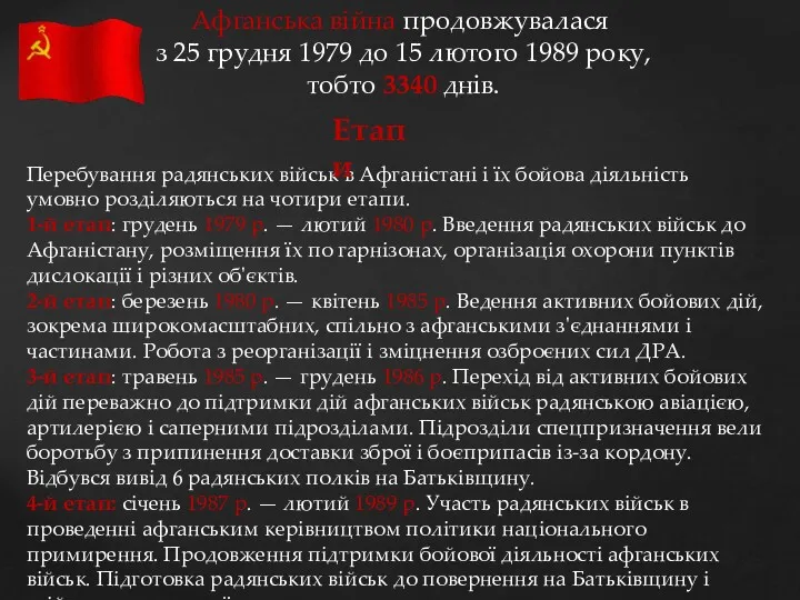 Афганська війна продовжувалася з 25 грудня 1979 до 15 лютого 1989 року, тобто