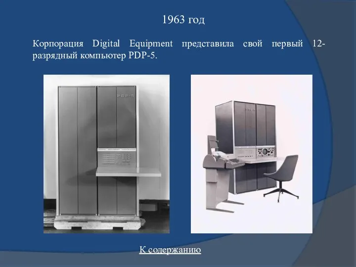 Корпорация Digital Equipment представила свой первый 12-разрядный компьютер PDP-5. 1963 год К содержанию