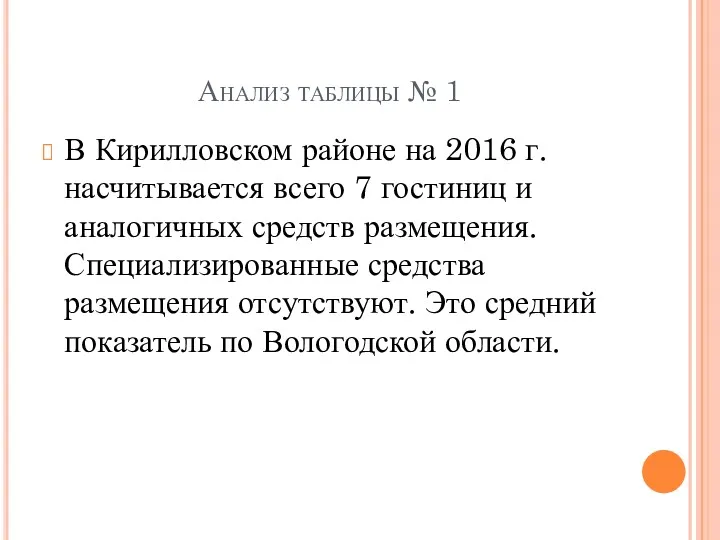 Анализ таблицы № 1 В Кирилловском районе на 2016 г. насчитывается всего 7
